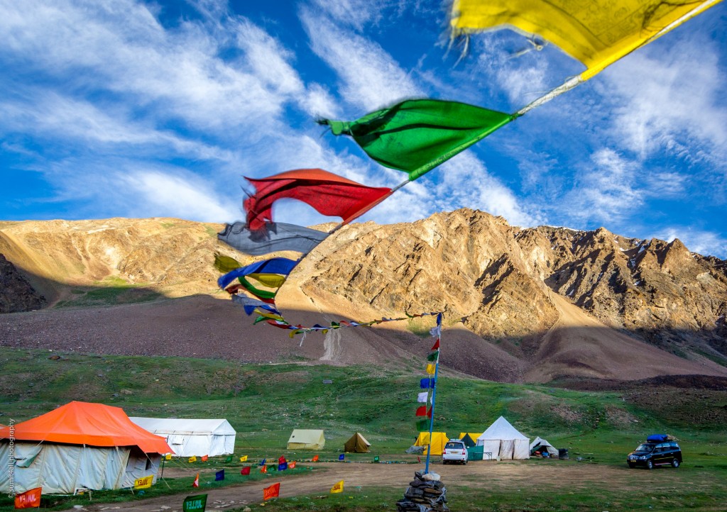 Tibetan prayer flags at a campsite in Sarchu