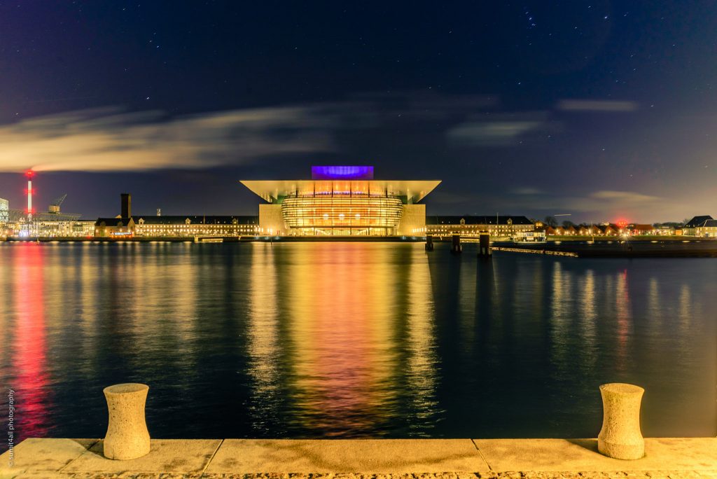 The modern Opera in Copenhagen, Denmark at night.