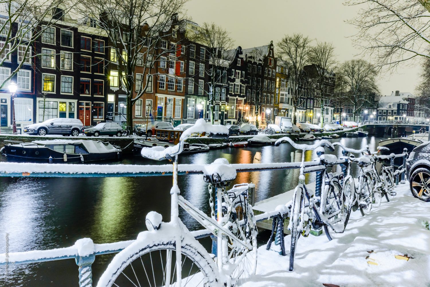 Bikes in Amsterdam After Fresh Snowfall in Winters