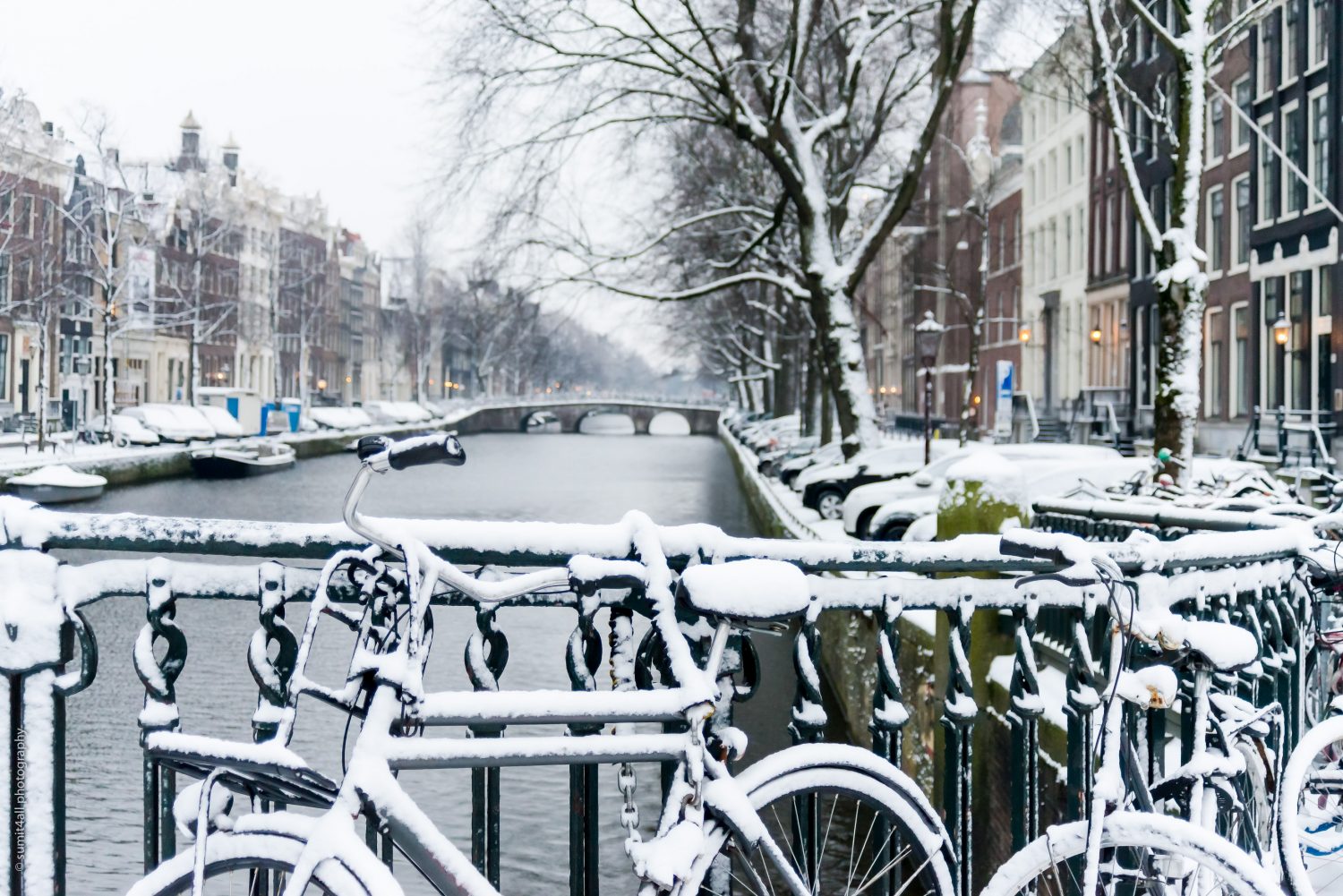 Bikes in Amsterdam After Fresh Snowfall in Winters