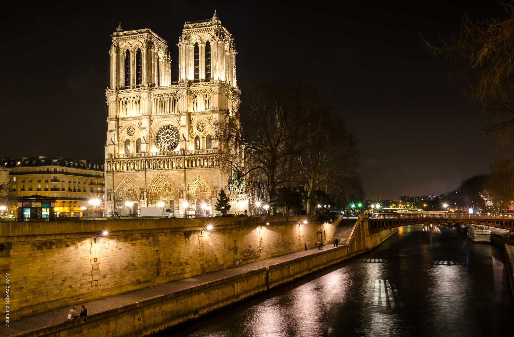 The Notre Dame at night from across the Siene