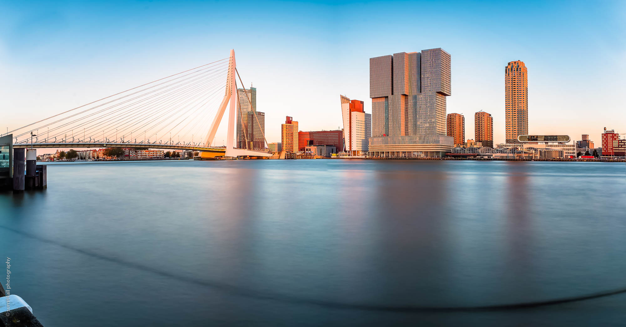 The Erasmus Bridge and Rotterdam Skyline at Sunset