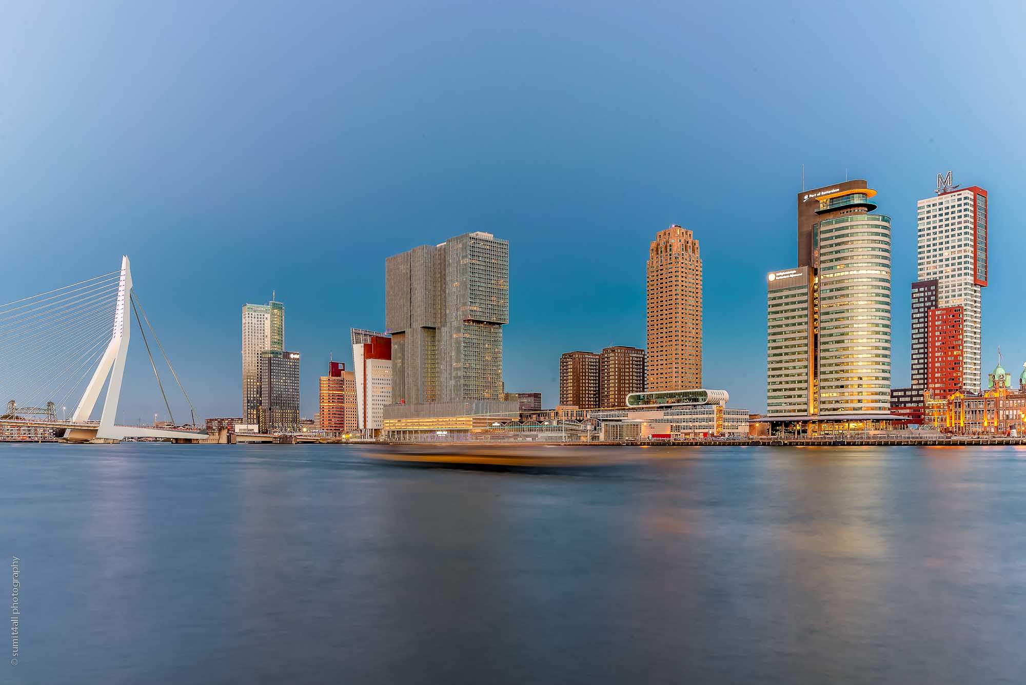 The Erasmus Bridge and Rotterdam Skyline at Sunset