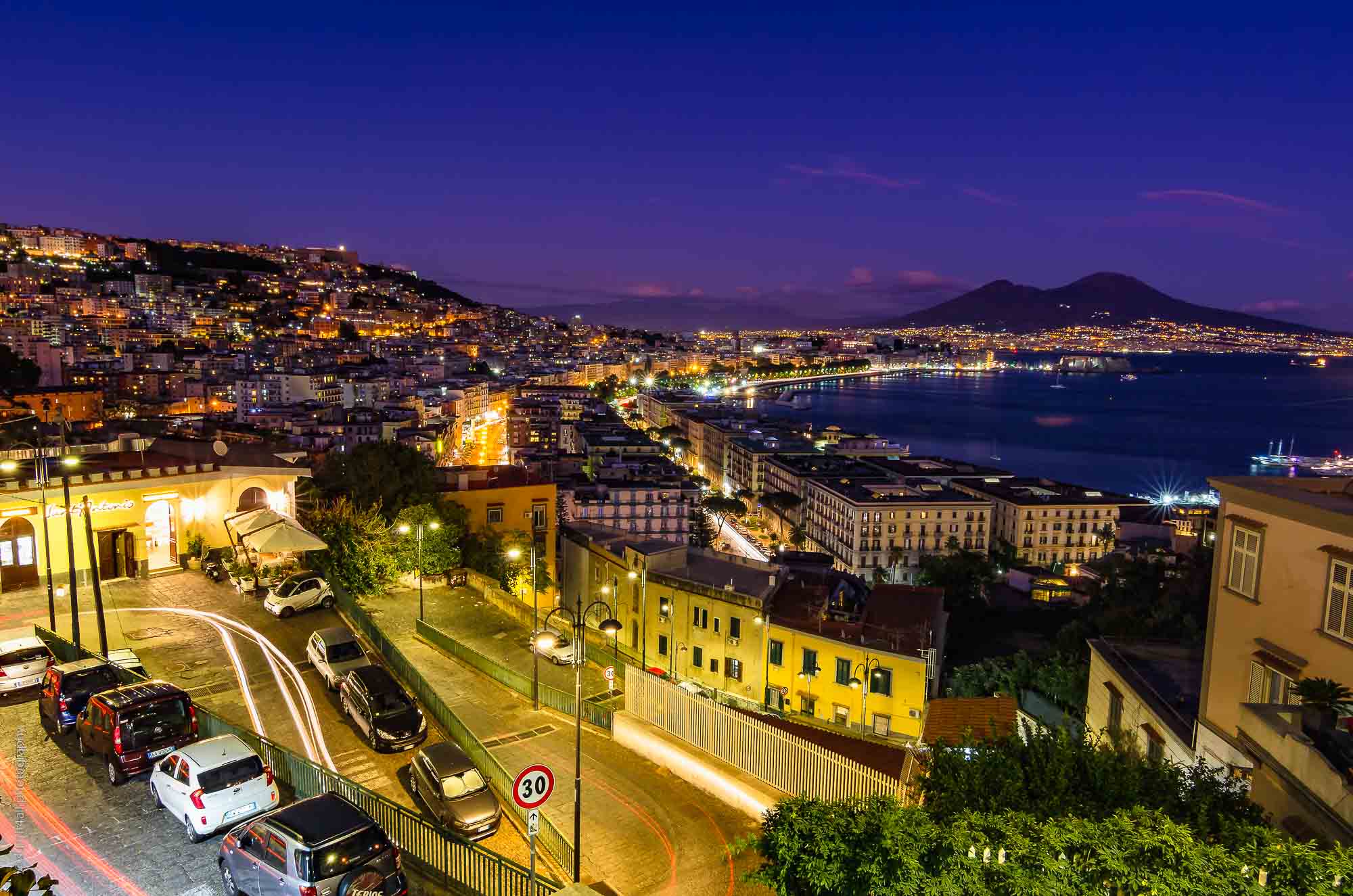 Cityscape in Naples with Mt Vesuvius after Sunset